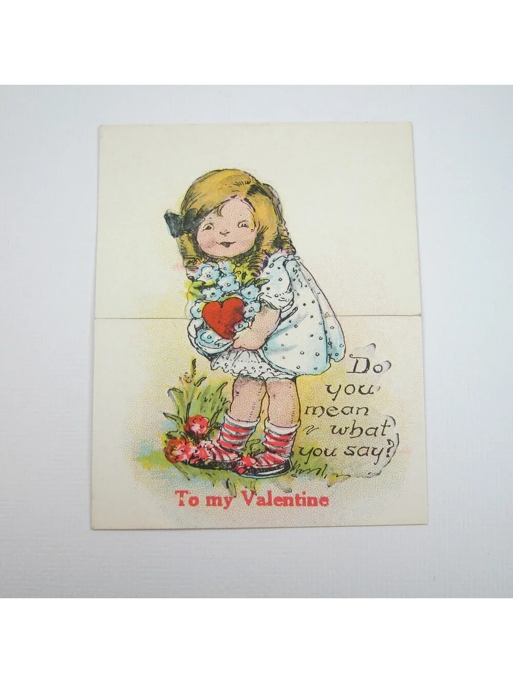 Vintage Valentine Cutout Card Stand Up Blonde Girl Red Heart 1920s-30s UNSIGNED